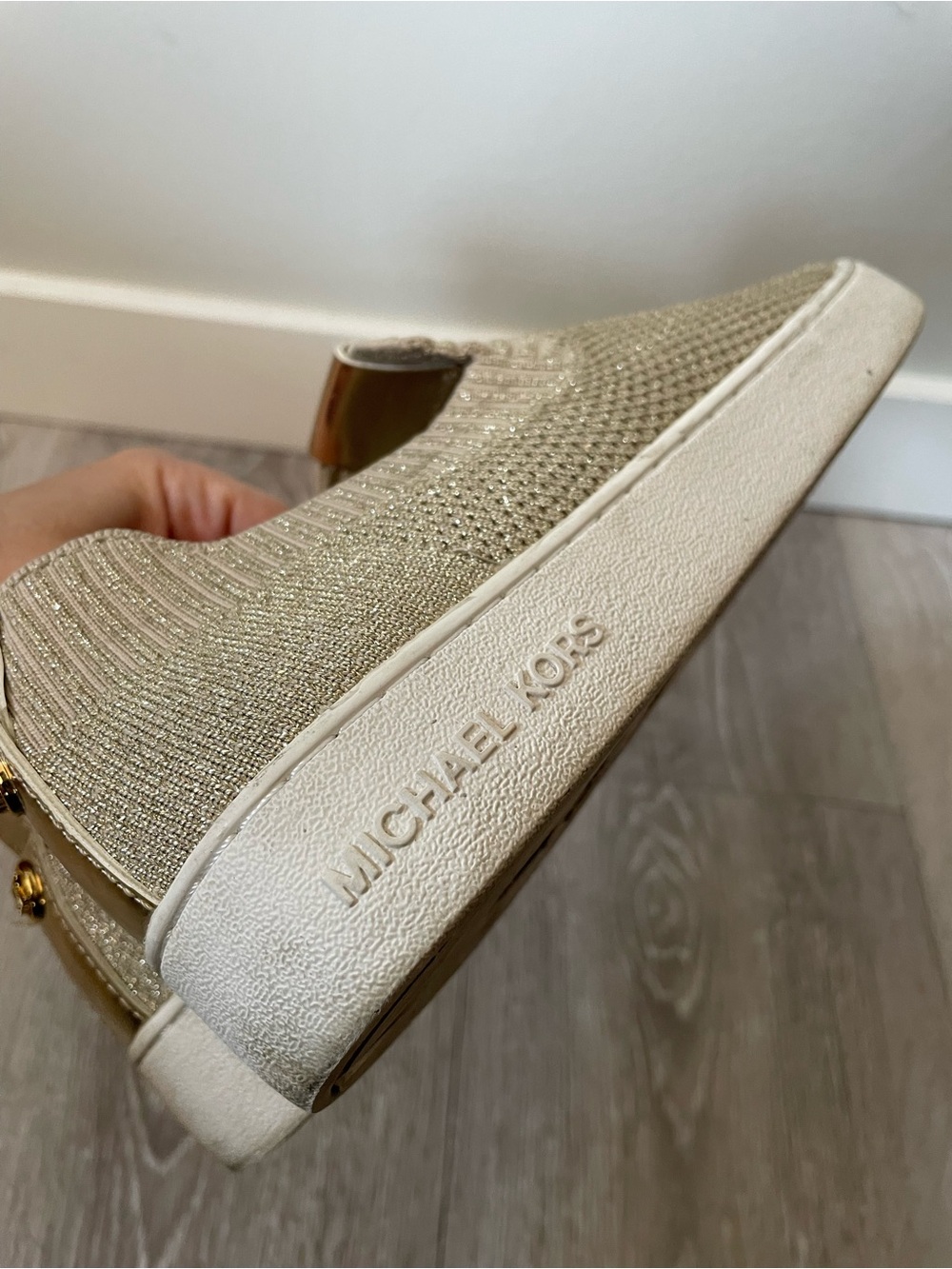 Michael Kors Gold Metallic Stretch Knit Slip On Sneakers Flats Size 7.5 - Picture 3 of 10
